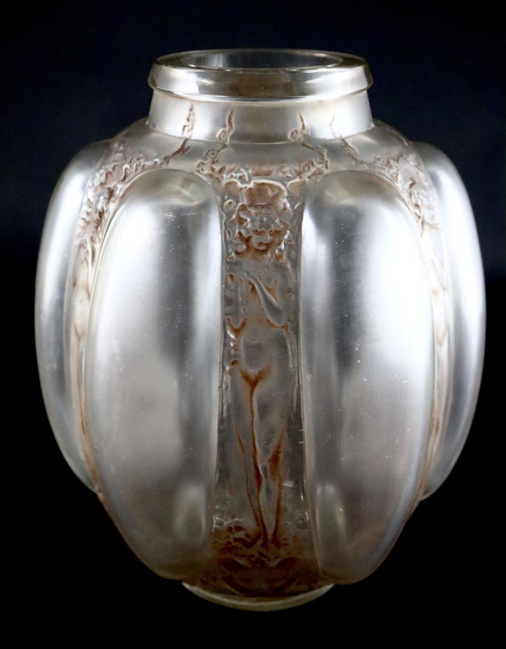 René Lalique. A pre-war sepia tinted frosted glass Six Figurines et Masques pattern vase, no.1912, designed in 1912, 24cm high